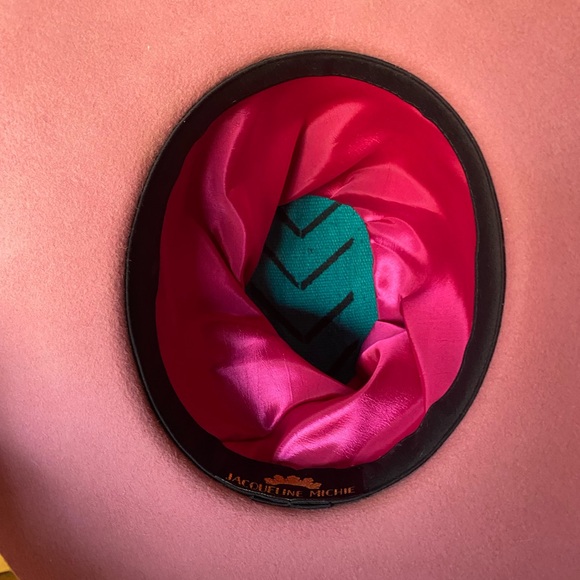 Jacqueline Michie Pink Wide-Brim Hat with Croc-Embossed Burnt Orange Band - Picture 4 of 6